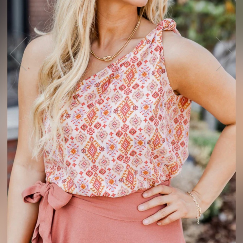 NWT- Pink Lily- Rust Multi Printed One Shoulder Bodysuit- Size Large